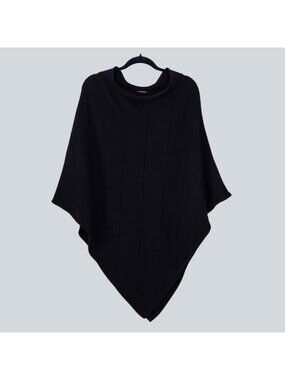 Repeat Merino Wool Poncho OS Black Pointelle Assymetric Hem Knit Cape Roll Neck